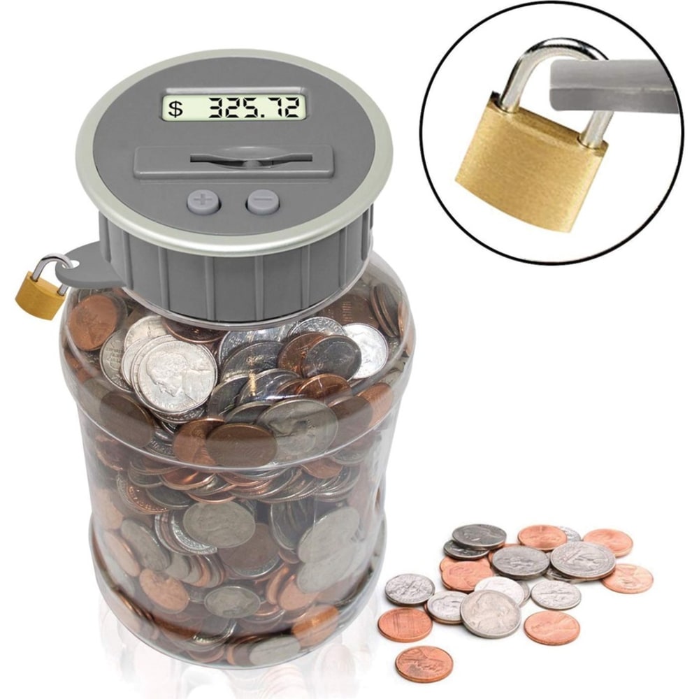 Digital Energy World Locking Digital Coin Bank Savings Jar - 1000 Coin Capacity bills/min - Clear