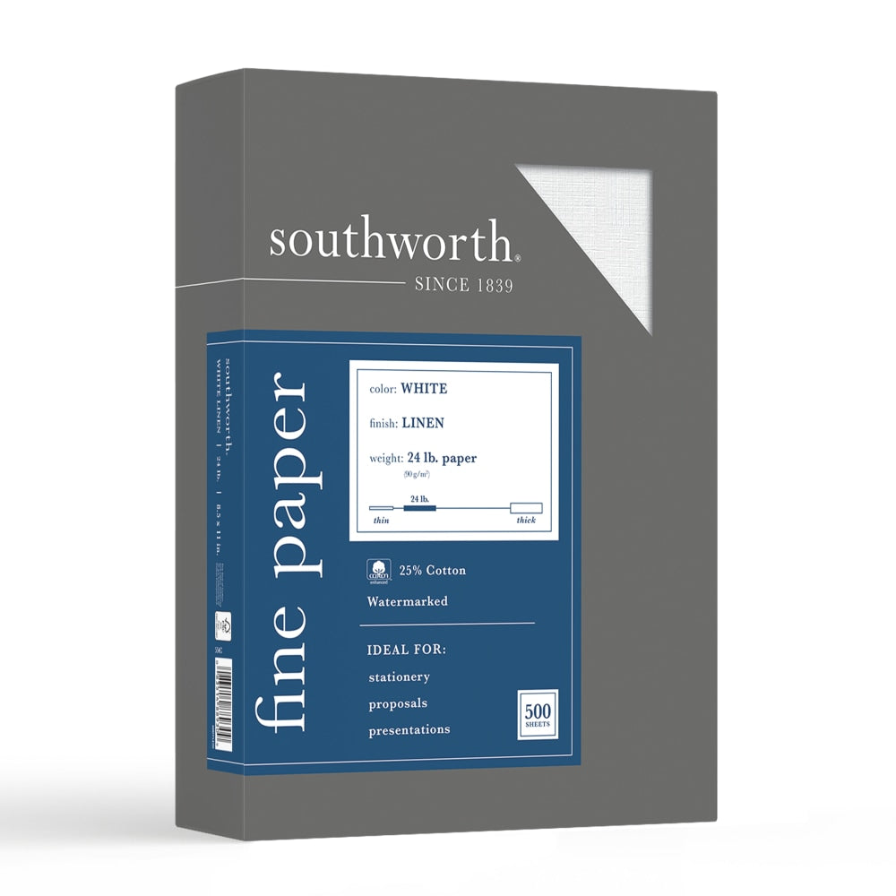 Southworth 25% Cotton Linen Business Paper, White, Letter (8.5in x 11in), 500 Sheets Per Ream, 24 Lb, 94 Brightness