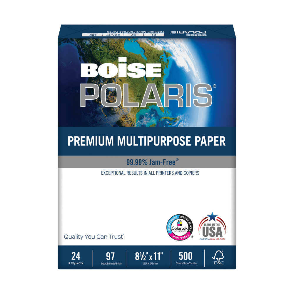 Boise POLARIS Premium Multi-Use Printer & Copy Paper, White, Letter (8.5in x 11in), 500 Sheets Per Ream, 24 Lb, 97 Brightness, FSC Certified