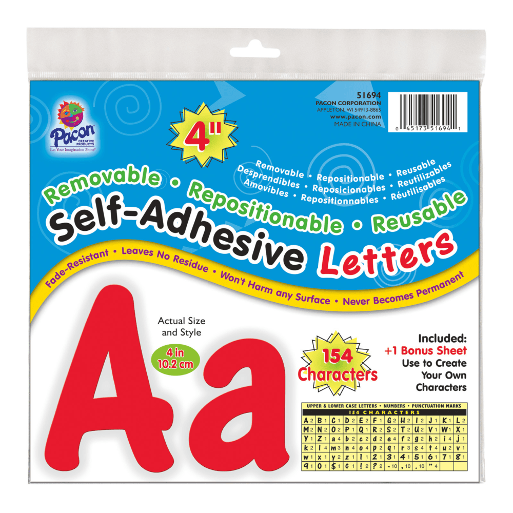 Pacon Self-Adhesive Letters, 4in, Cheery Font, Red, 154 Per Pack, Set Of 2 Packs