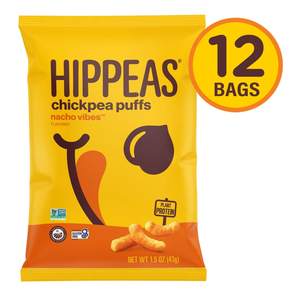 HIPPEAS Organic Chickpea Puffs Nacho Vibes, 1.5 Oz Bags, Pack Of 12 Bags