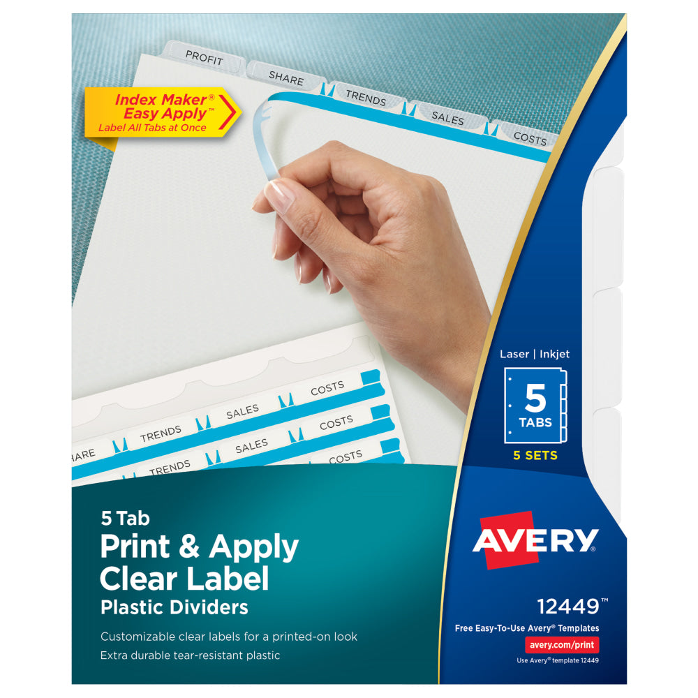 Avery Print & Apply Clear Label Translucent Plastic Dividers with Index Maker Easy Apply Printable Label Strip, 5 Frosted Clear Tabs, Pack Of 5 Sets