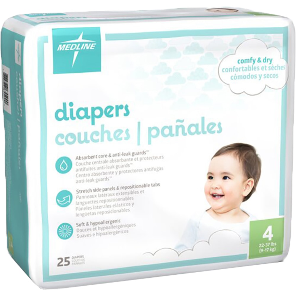 Medline Disposable Baby Diapers, Size 4, 22-37 Lb, White, 25 Diapers Per Pack, Case Of 8 Packs