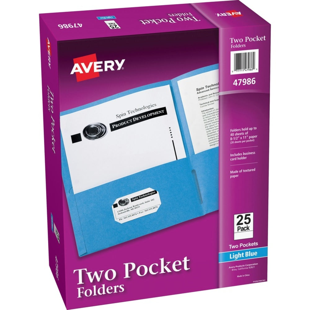 Avery Letter Pocket Folder - 8 1/2in x 11in - 40 Sheet Capacity - 2 Internal Pocket(s) - Light Blue - 125 / Carton