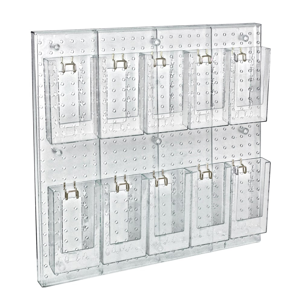 Azar Displays 10-Pocket Acrylic Tri-Fold Pegboard Wall Brochure Holder, 24inH x 24inW x 7/8inD, Clear