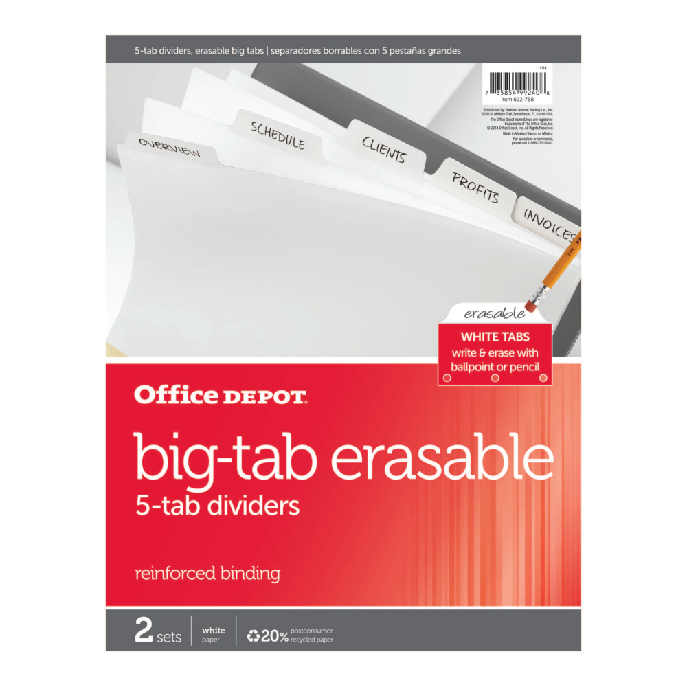 Office Depot Brand Erasable Big Tab Dividers, 5-Tab, White, Pack Of 2 Sets