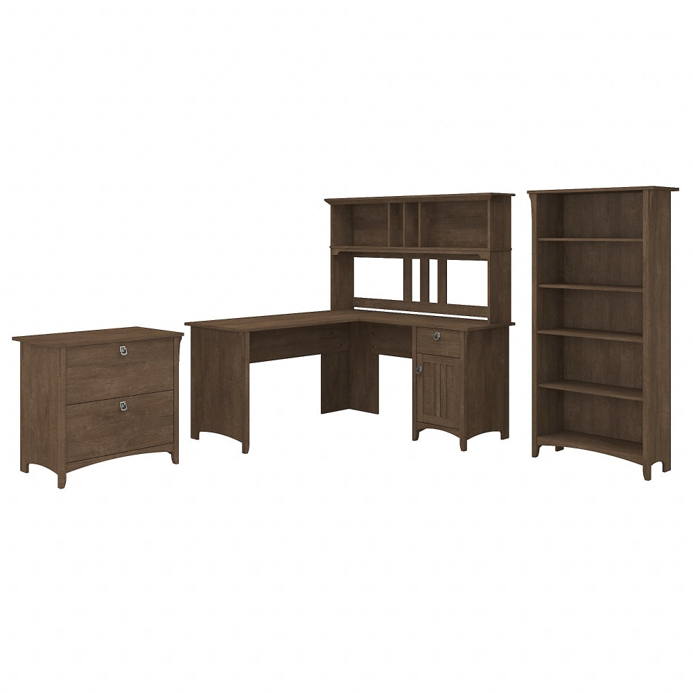 Bush Furniture Salinas 60inW L Shaped Desk with Hutch, Lateral File Cabinet and 5 Shelf Bookcase, Ash Brown, Standard Delivery