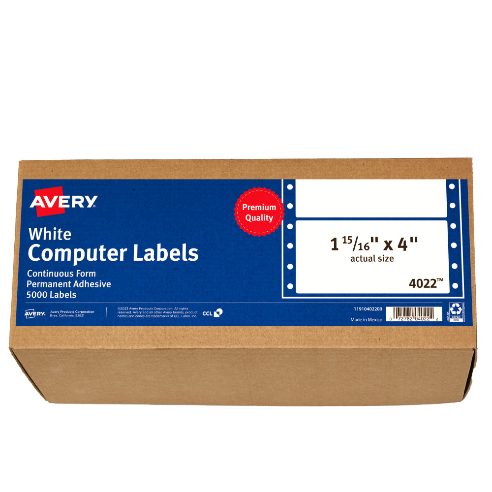 Avery Continuous Form Permanent Address Labels, 4022, Rectangle, 4in x 1 15/16in, White, Box Of 5,000