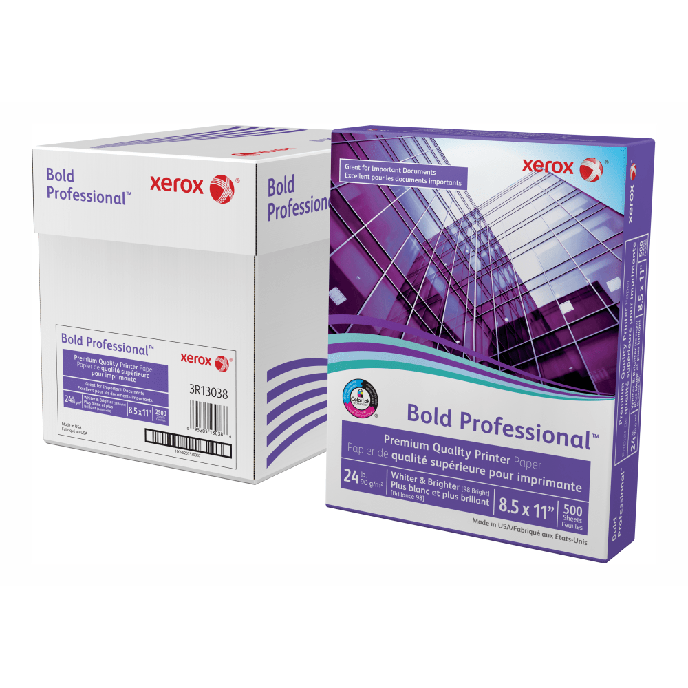 Xerox Bold Professional Premium Quality Inkjet Or Laser Paper, Letter Size (8 1/2in x 11in), Ream Of 500 sheets, Case of 5 reams, FSC Certified, 24 Lb, 98 Brightness