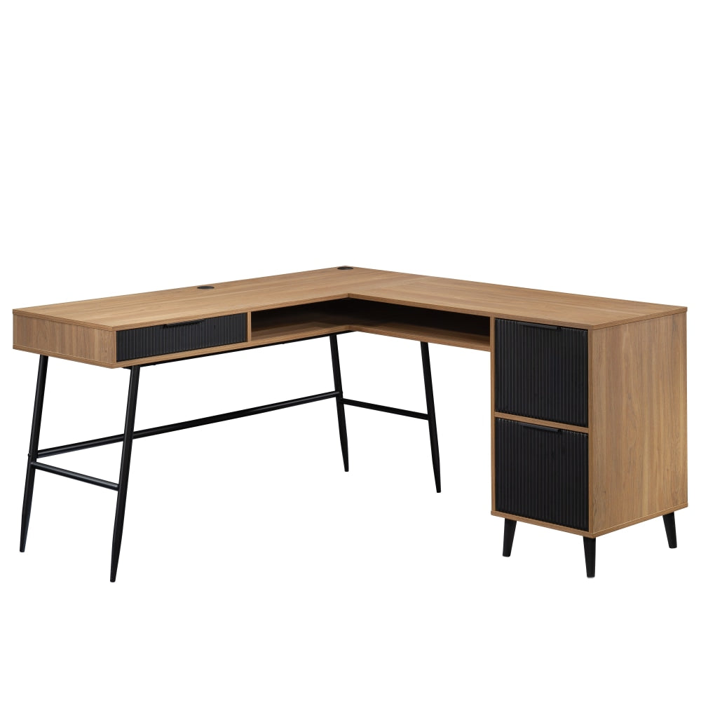 Sauder Ambleside Modern 59inW L-Computer Desk With Filing Drawers And Storage Drawer, Serene Walnut/Black