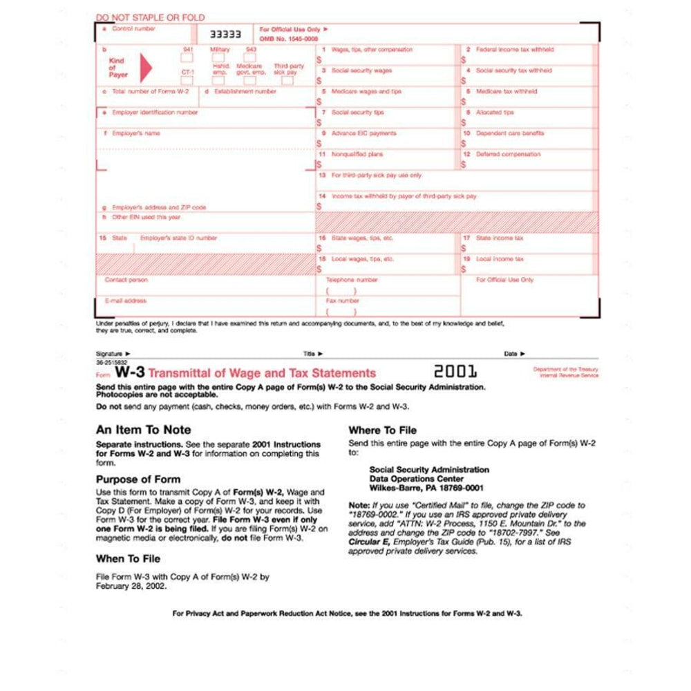 TOPS Continuous W-3 Transmittal of Wage Form, 9 1/2in x 11in, 2-Part, White, Pack Of 10