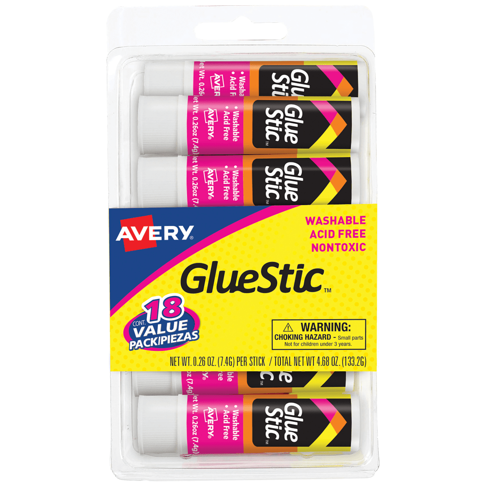 Avery Permanent Glue Stic Value Pack, White, 0.26 oz., Pack Of 18 Sticks