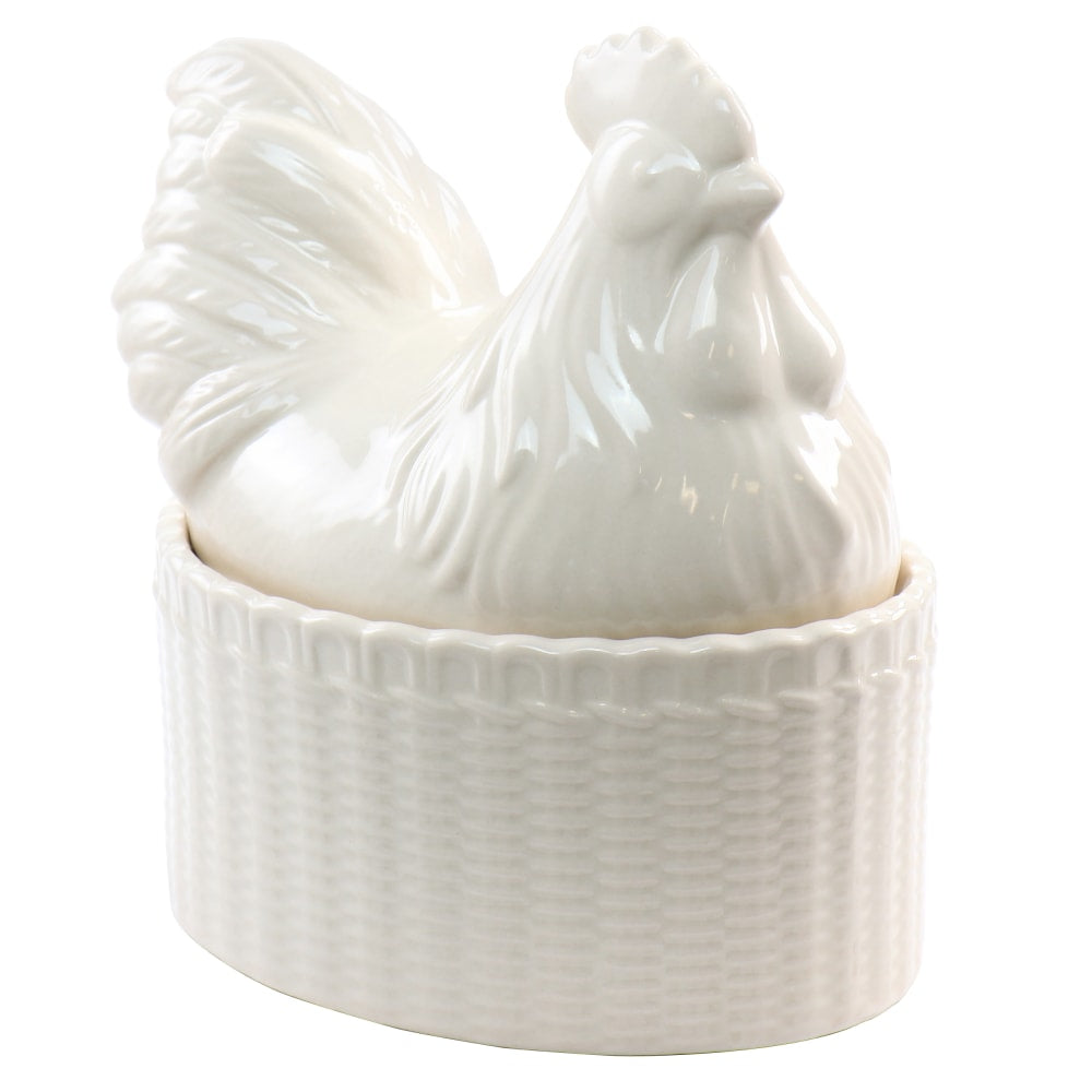 Martha Stewart Stoneware Sculpted Rooster Covered Oval Baker, 6in, Cream