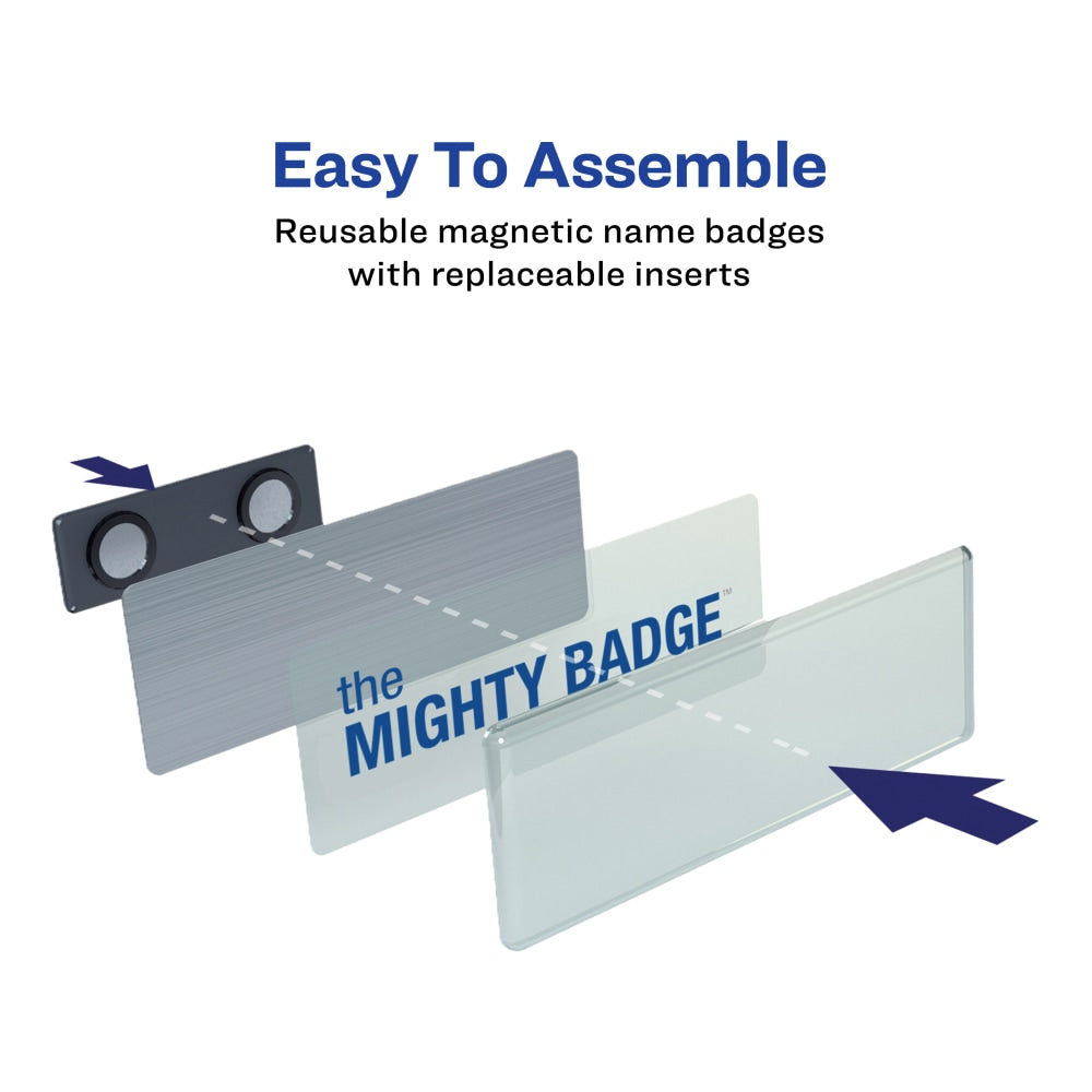 Avery 71202 The Mighty Badge Professional Replacement Name Badges, 1in x 3in, Silver, Pack Of 2 Badges