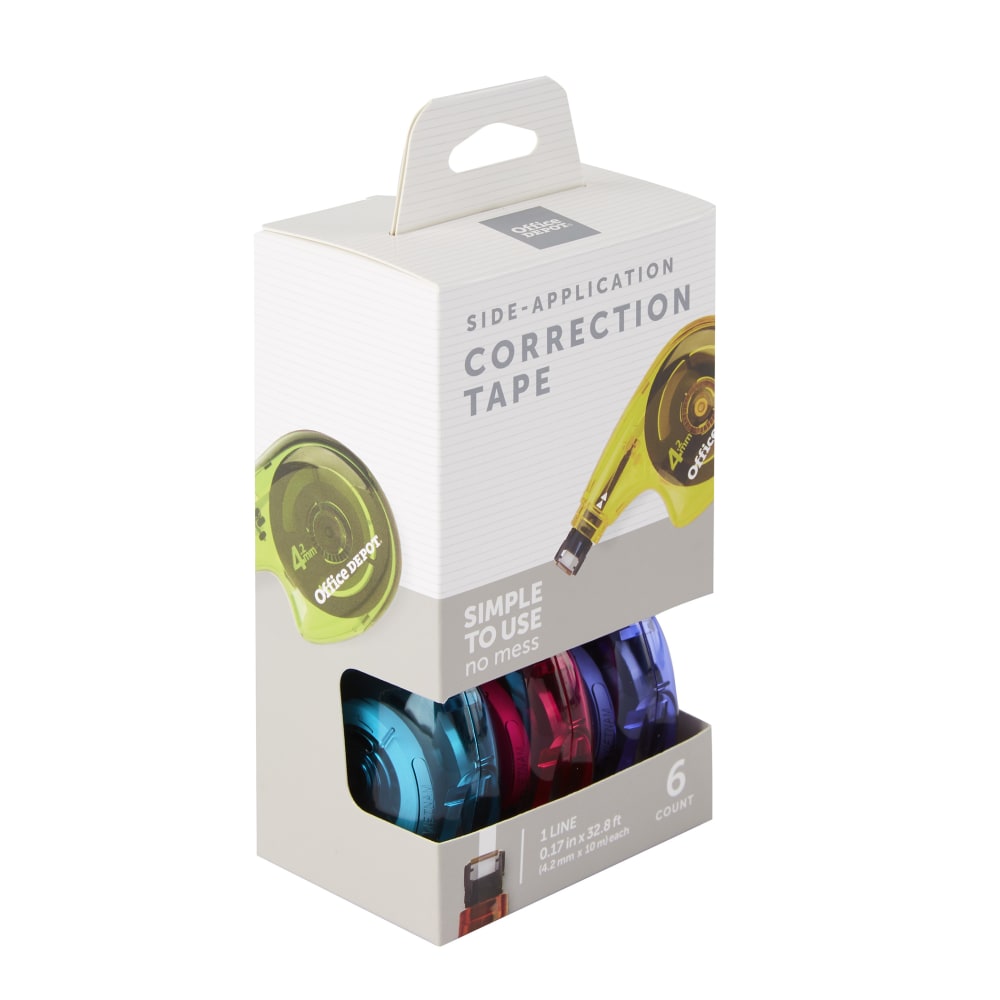 Office Depot Brand Side-Application Correction Tape, 1 Line x 392in, Assorted Colors, Pack Of 6