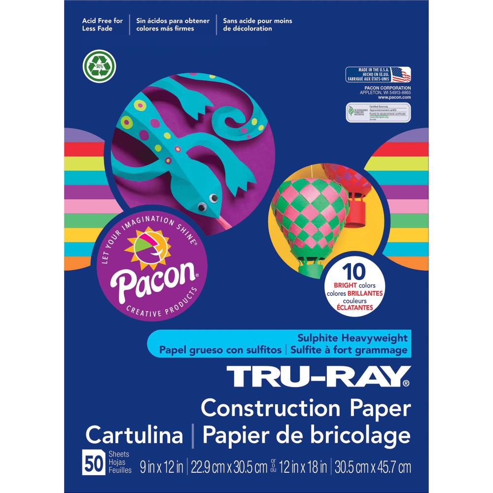 Tru-Ray Construction Paper, 50% Recycled, 9in x 12in, Assorted Brights, Pack Of 50