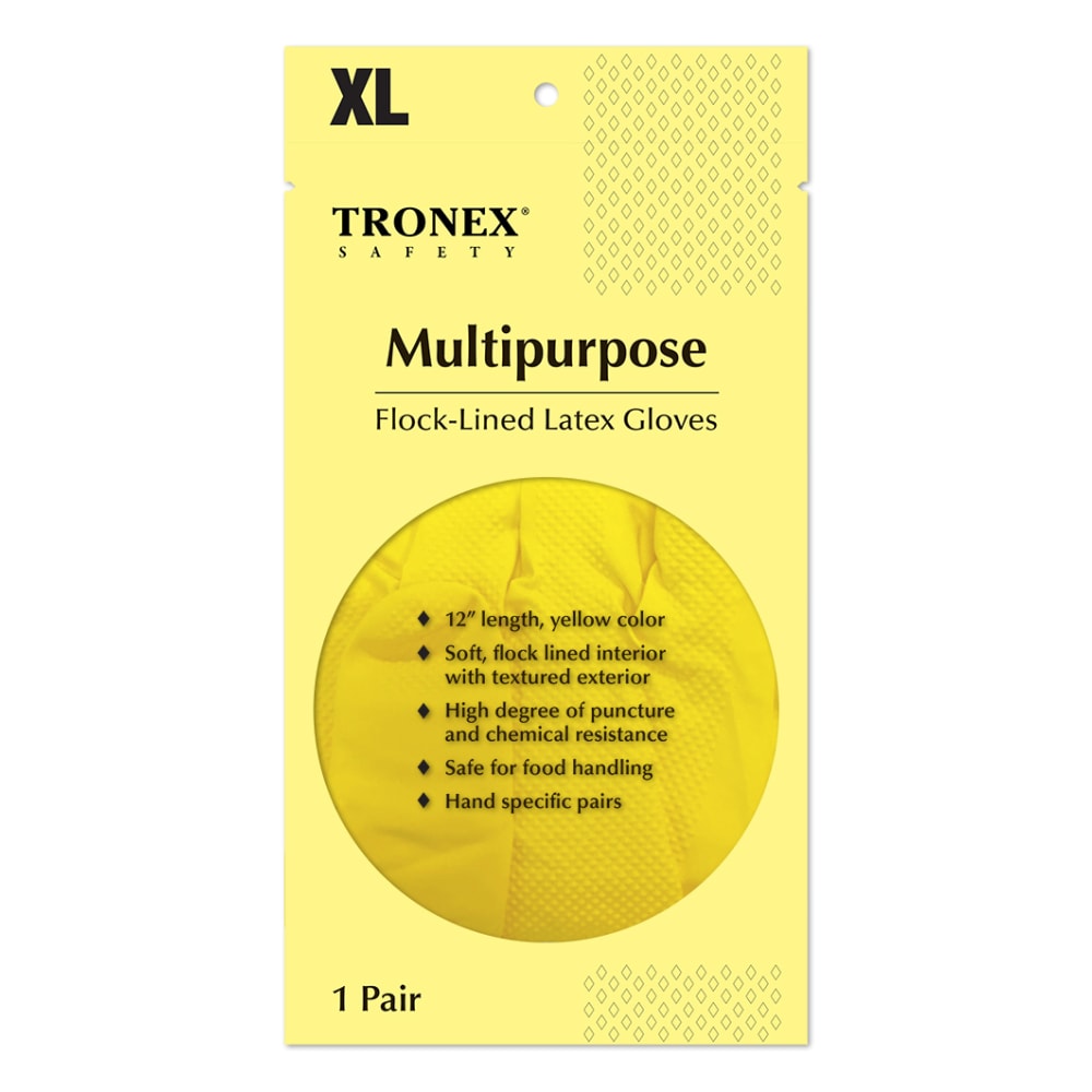 Tronex Multipurpose Flock-Lined Latex Gloves, X-Large, Yellow, 24 Per Pack, Case Of 12 Packs