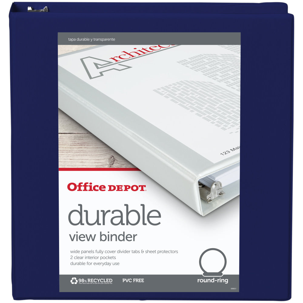 Office Depot Brand Durable View 3-Ring Binder, 1 1/2in Round Rings, Blue