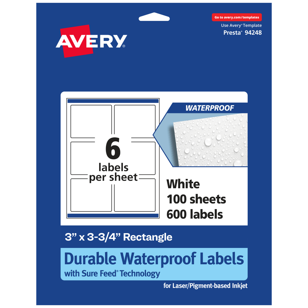 Avery Waterproof Permanent Labels With Sure Feed, 94248-WMF100, Rectangle, 3in x 3-3/4in, White, Pack Of 600