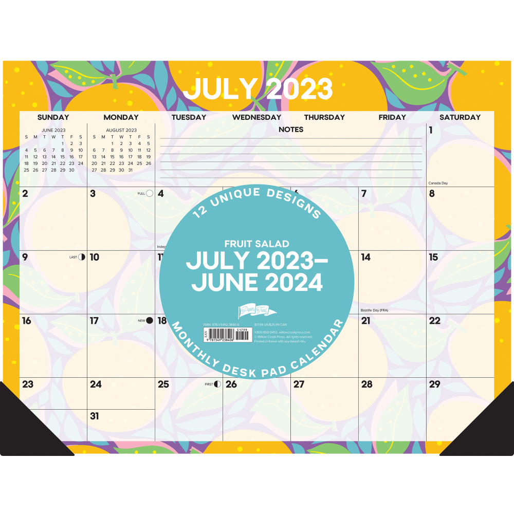 2023-2024 Willow Creek Press Academic Monthly Oversized Desk Pad Calendar, 22in x 17in, Fruit Salad, July 2023 To June 2024