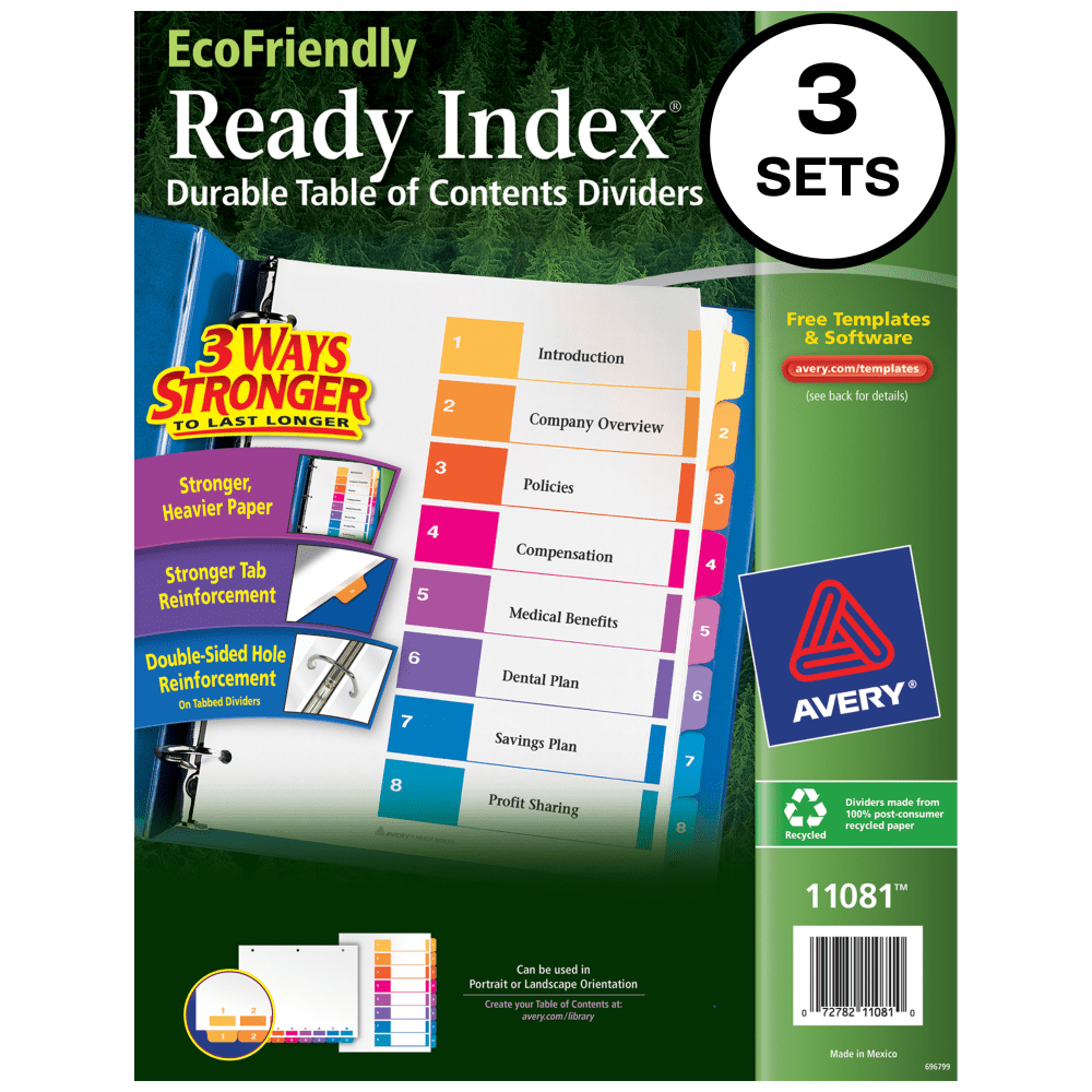 Avery Ready Index Eco-Friendly 100% Recycled Dividers, 1-8 Tabs & Customizable Table Of Contents, Letter Size, White Dividers/Multicolor Tabs, Pack Of 3 Sets