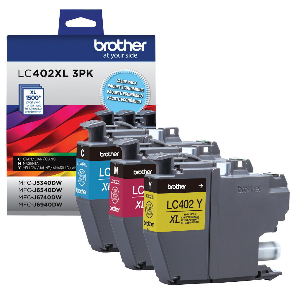 Brother LC402XL Cyan; Magenta; Yellow High-Yield Ink Cartridges, Pack Of 3, LC402XL 3PK