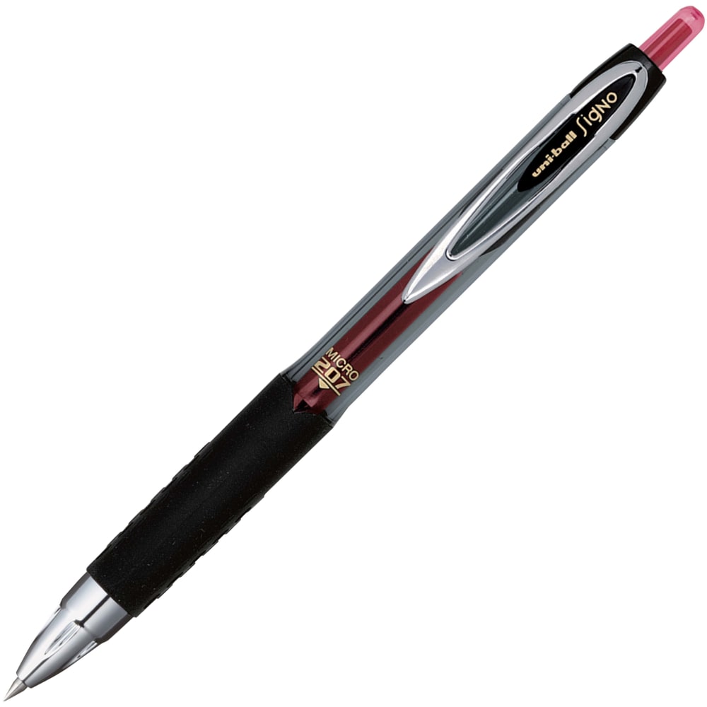 uni-ball 207 Retractable Fraud Prevention Gel Pens, Micro Point, 0.5 mm, Black Barrels, Red Ink, Pack Of 12