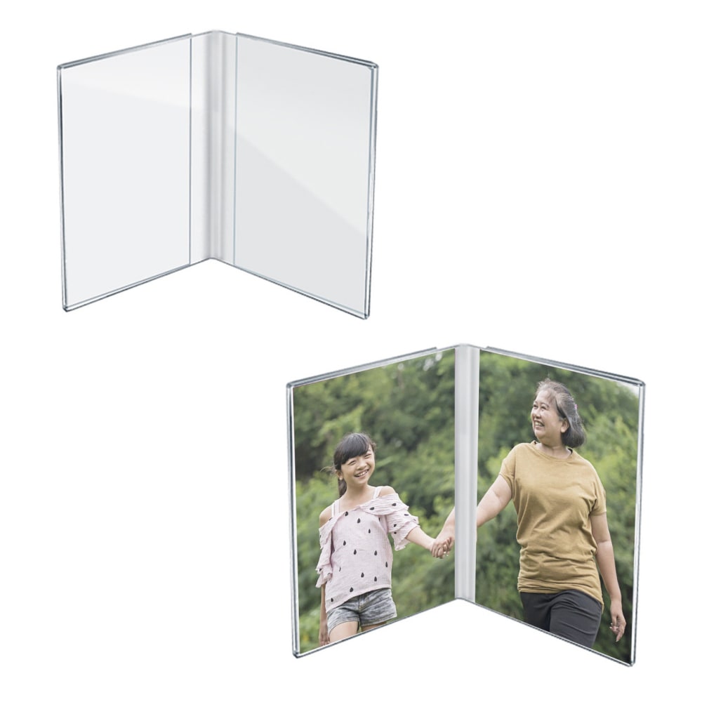 Azar Displays Side By Side Acrylic Frame Double Photo Holders, 7inH x 10inW x 3-7/16inD, Clear, Set Of 2 Holders