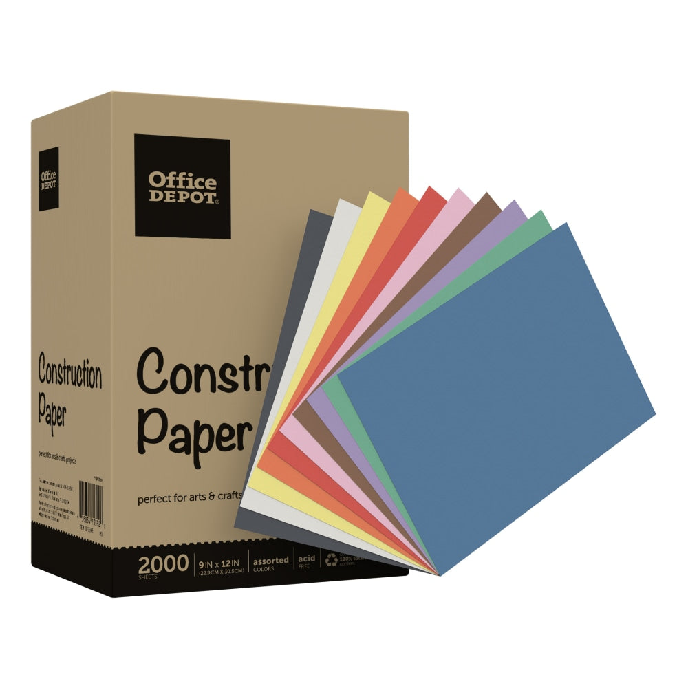 Office Depot Brand Construction Paper, 9in x 12in, 100% Recycled, Assorted Colors, Pack Of 2,000 Sheets