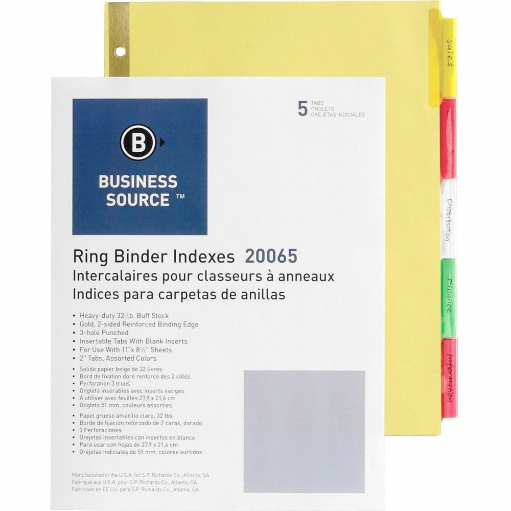 Business Source Reinforced Insertable Tab Indexes - 5 Tab(s)2in Tab Width - 8.5in Divider Width x 11in Divider Length - Letter - 3 Hole Punched - Buff Divider - Manila Tab(s) - Mylar Reinforcement, Insertable, Reinforced Edges, Punched, Tear Resistant