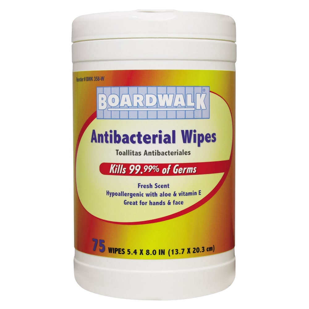 Boardwalk Antibacterial Wipes, Fresh Scent, 8in x 5 1/2in, White, 75 Wipes Per Canister, Case Of 6 Canisters