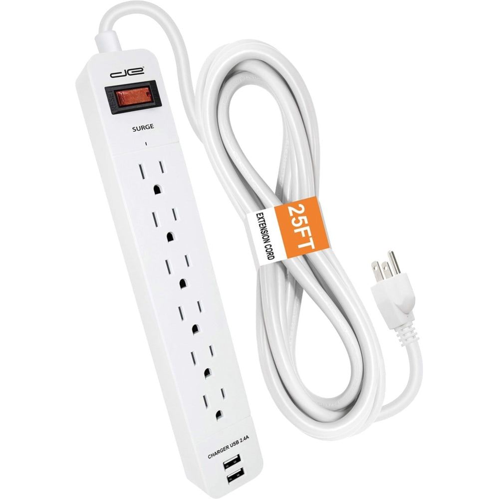 Digital Energy World 6-Outlet Surge Protector Power Strip with 2 USB Ports and 25-Foot Cord (White) - 6 x AC Power, 2 x USB - 1875 VA - 1050 J - 120 V AC Input - 25 ft