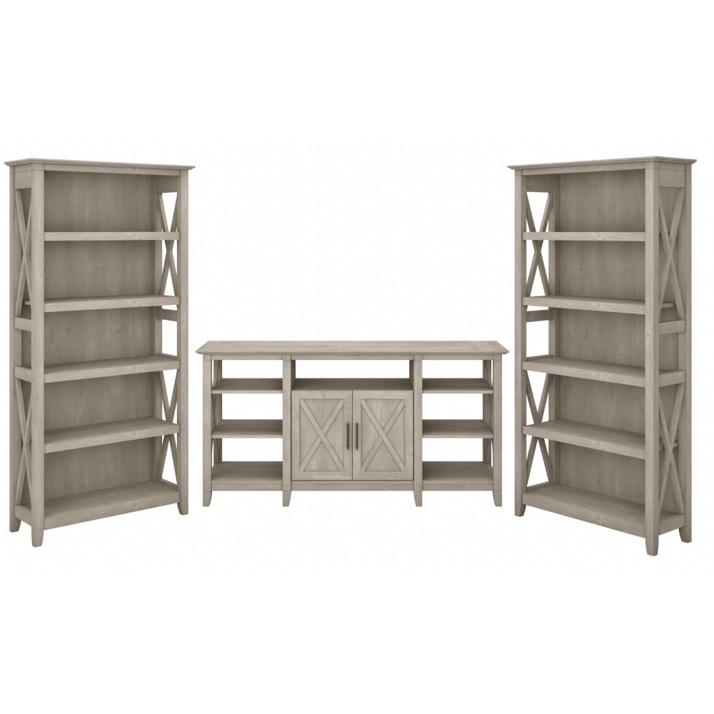 Bush Furniture Key West Tall TV Stand With Set Of 2 Bookcases, Washed Gray, Standard Delivery