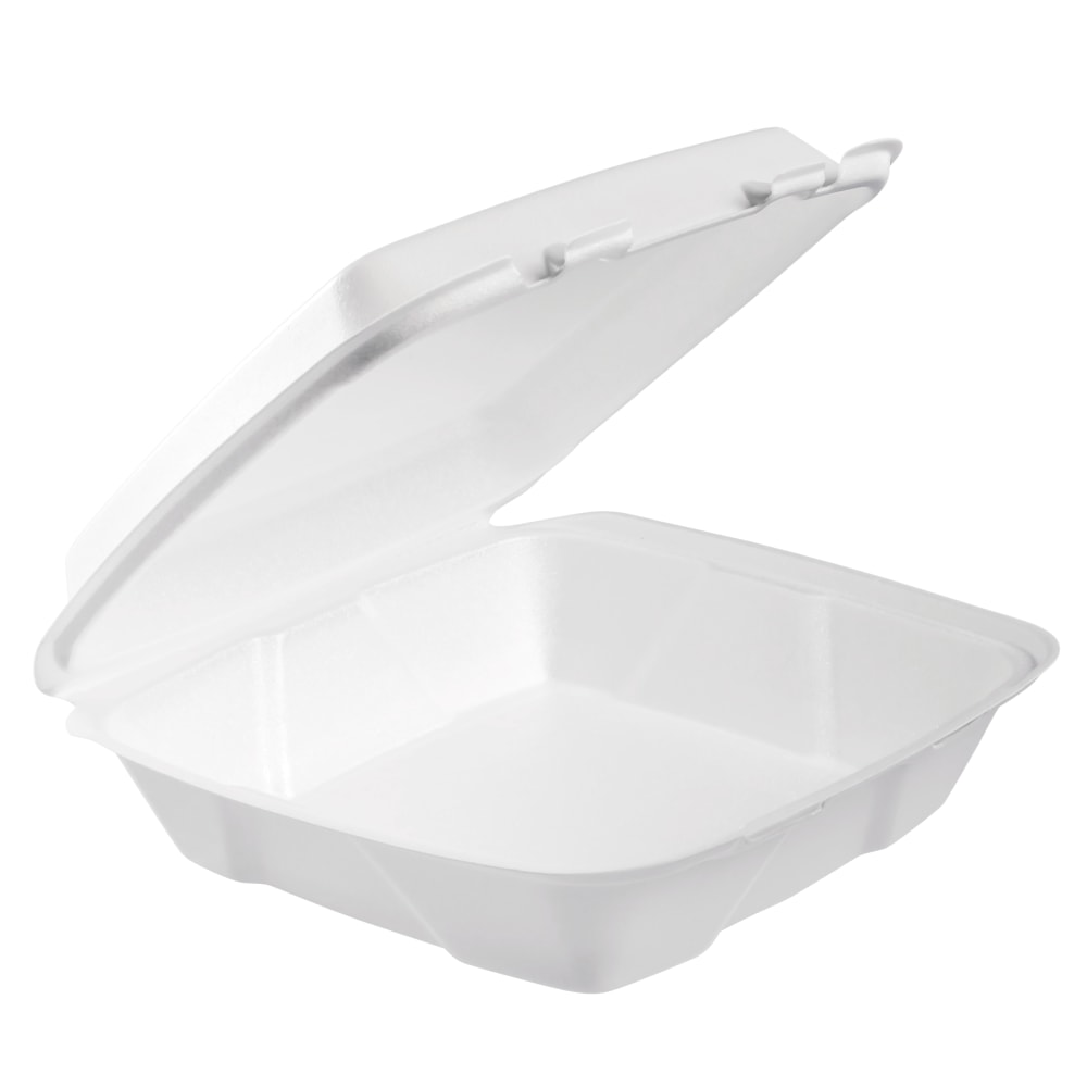 Dart Hinged-Lid Foam Containers, 3inH x 9inW x 3inD, White, 100 Containers Per Bag, Carton Of 2 Bags