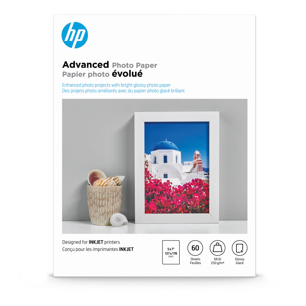 HP Advanced Photo Paper for Inkjet Printers, Glossy, 5in x 7in, 66 Lb., Pack Of 60 Sheets (Q8690A)