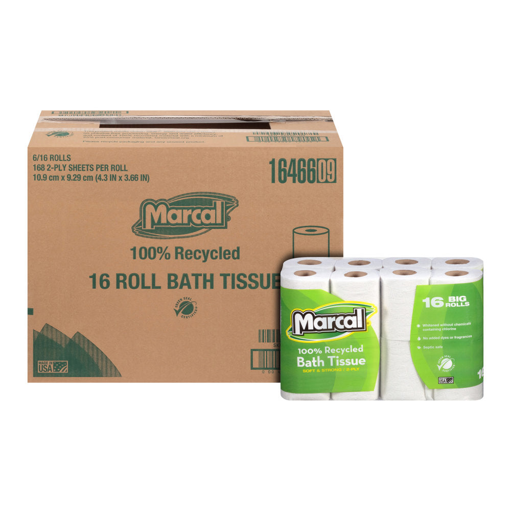 Marcal Small Steps 2-Ply Toilet Paper, 100% Recycled, 168 Sheets Per Roll, Pack Of 16 Rolls