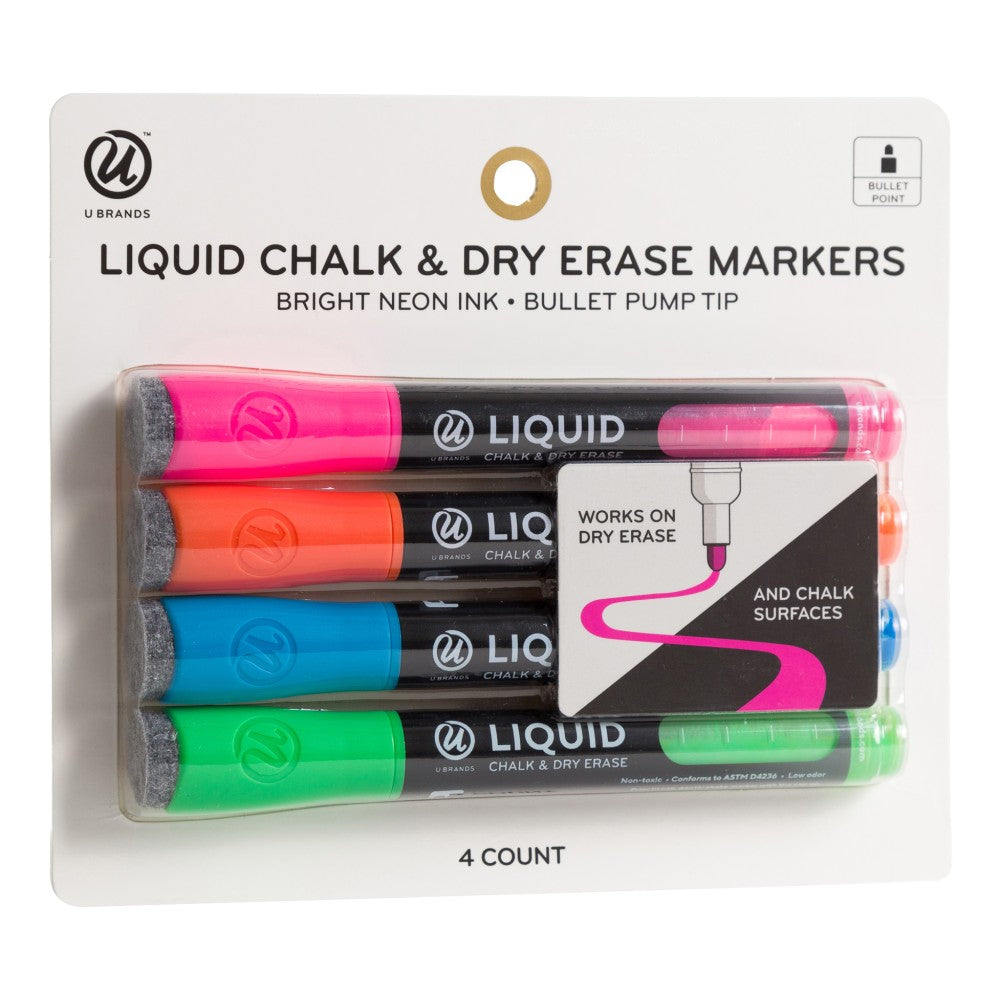 U Brands Liquid Chalk Markers, Bullet Tip, Black Barrel, Assorted Ink, Pack Of 4 Markers