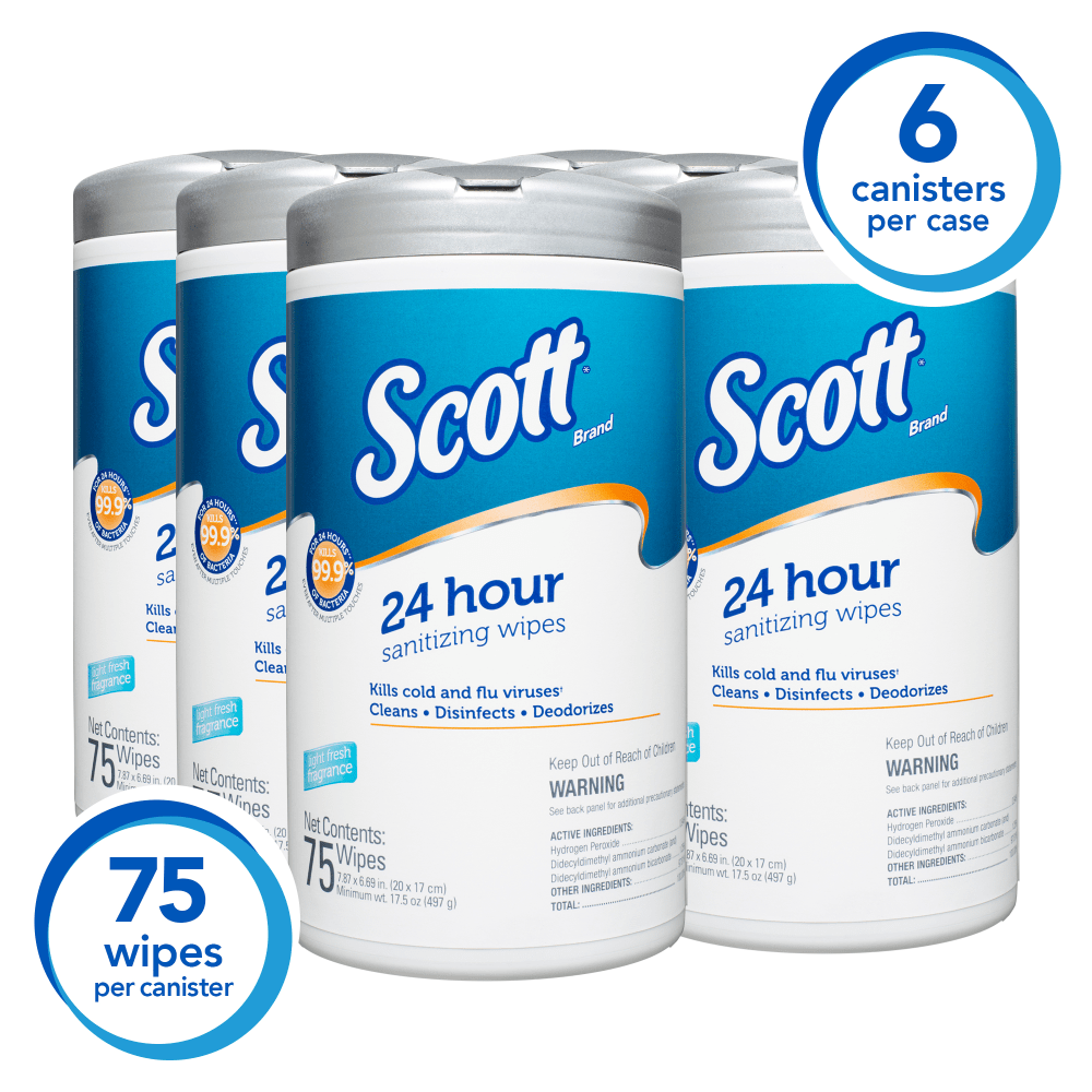 Scott 24-Hour Sanitizing Wipes, White, 75 Sheets Per Pack, Case Of 6 Packs