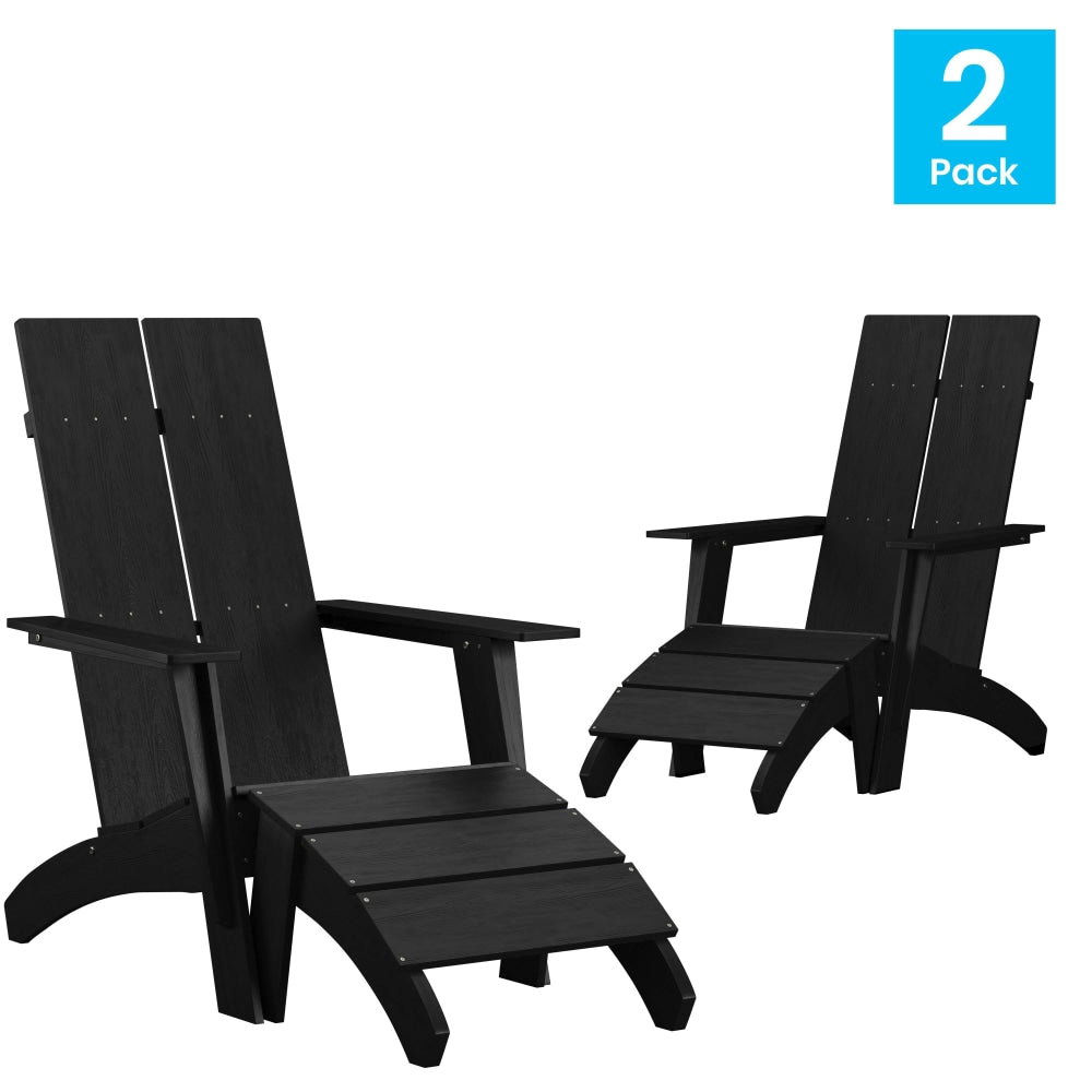 Flash Furniture Sawyer Modern All-Weather Poly Resin Wood Adirondack Chairs With Footrests, Black, Set Of 2 Chairs