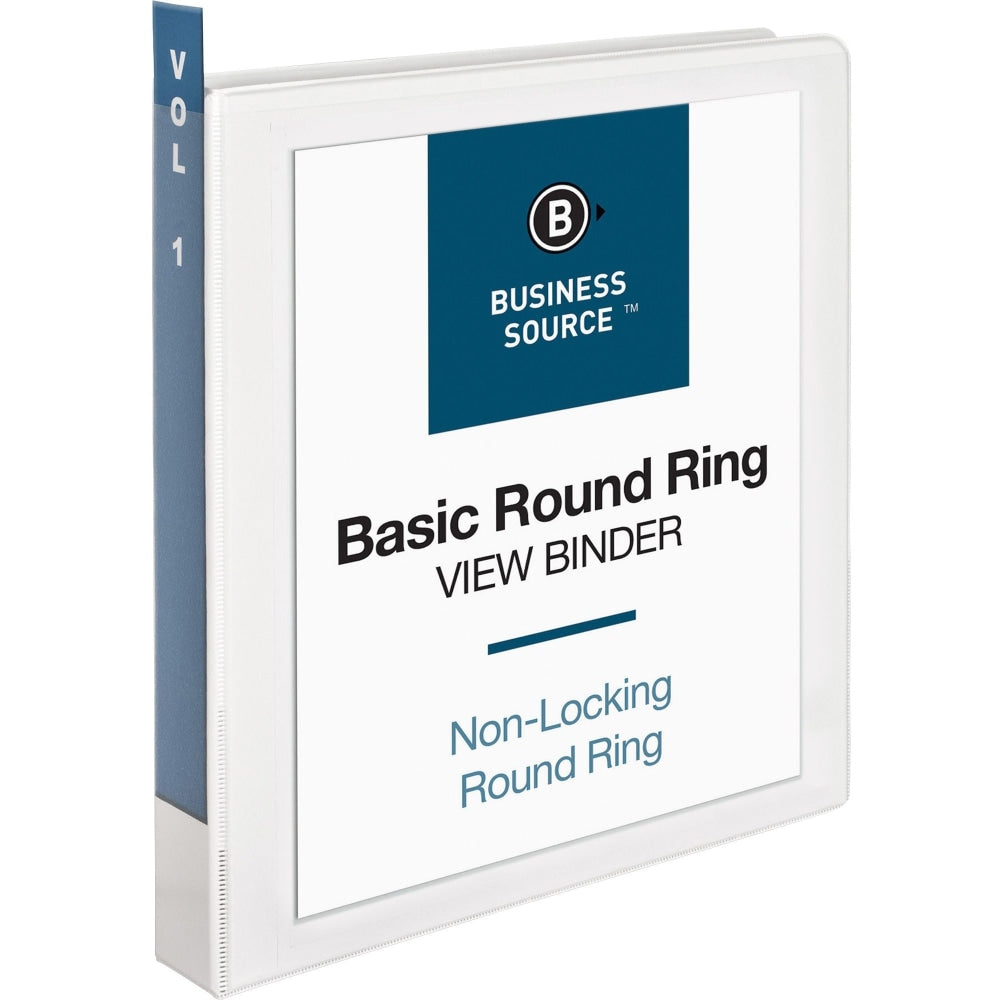 Business Source Round-ring View Binder - 1in Binder Capacity - Letter - 8 1/2in x 11in Sheet Size - Round Ring Fastener(s) - Internal Pocket(s) - Chipboard, Polypropylene - White - Non-glare, Sturdy, Exposed Rivet, Durable, Clear Overlay - 12 / Carton