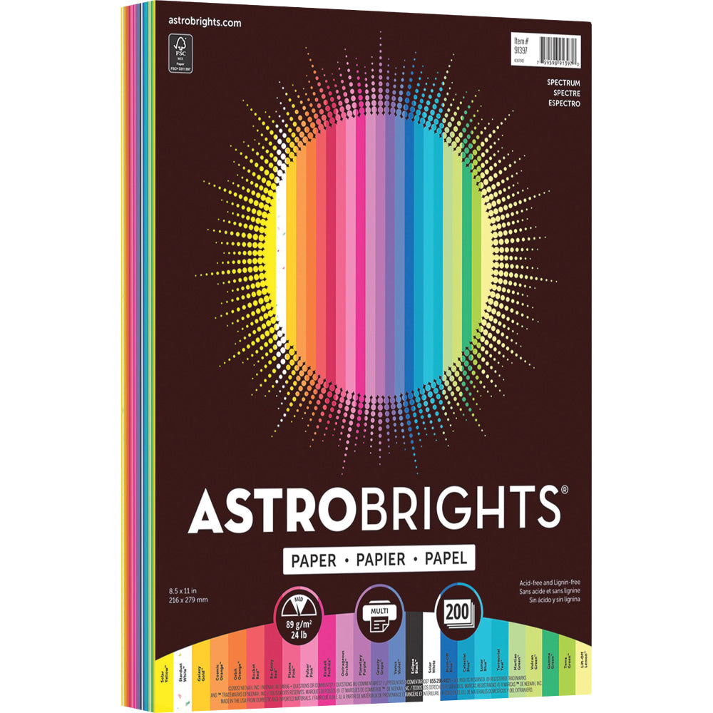 Astrobrights Smooth Multi-Use Printer & Copy Paper, Assorted Colors, Letter (8.5in x 11in), 200 Sheets Per Pack, 28 Lb, 94 Brightness