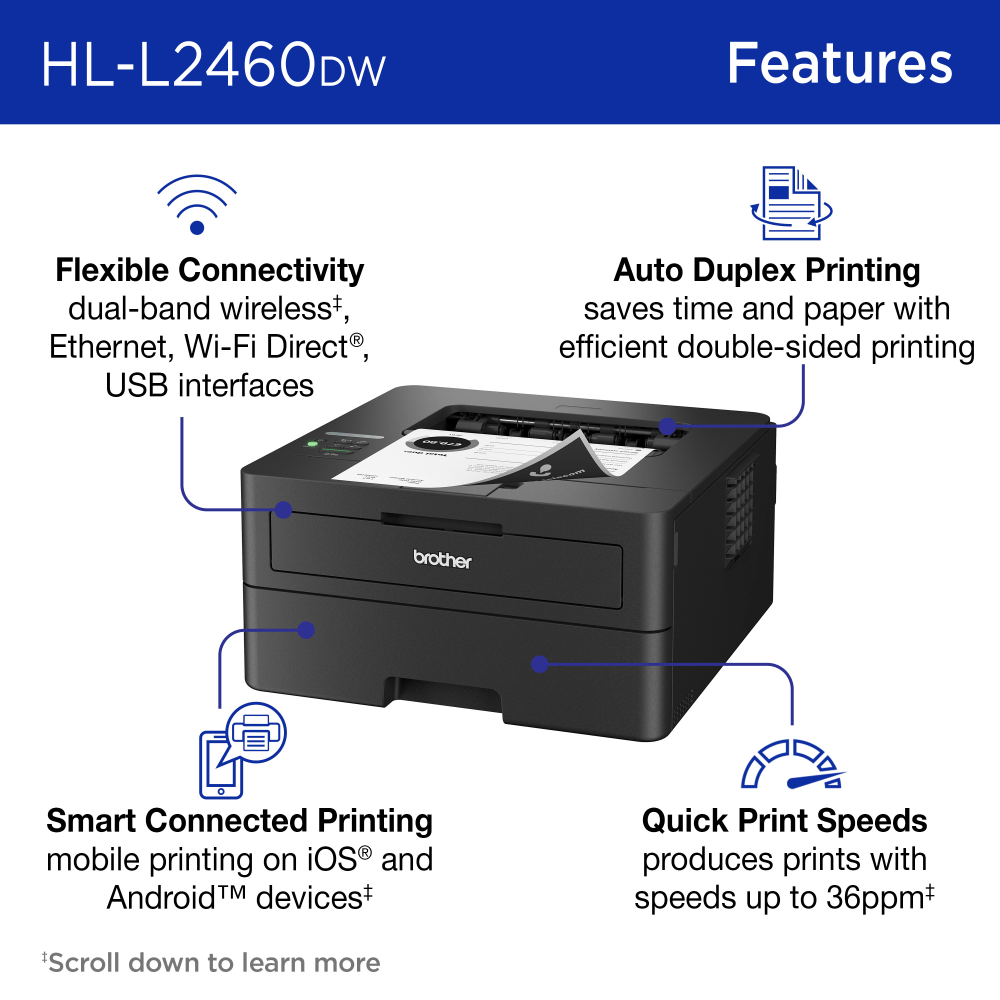 Brother HL-L2460DW Wireless Compact Monochrome Laser Printer, Duplex and Mobile Printing, Refresh EZ Print Eligibility