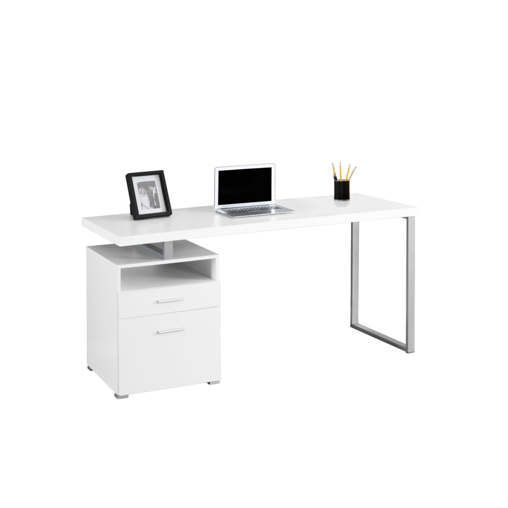 Monarch Specialties Contemporary 60inW Computer Desk With 2-Drawers And Open Shelf, Silver/White