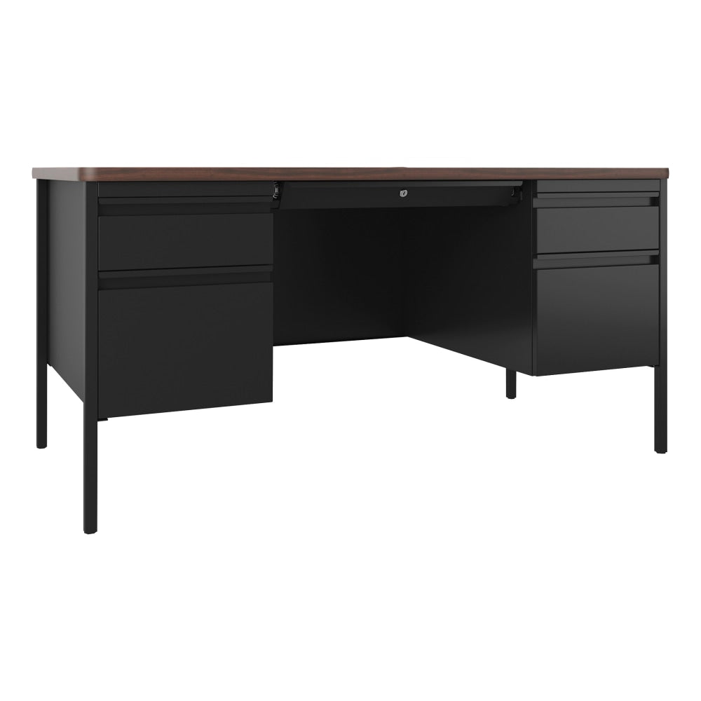 Lorell Fortress Steel 60inW Double-Pedestal Teachers Computer Desk, Black/Walnut