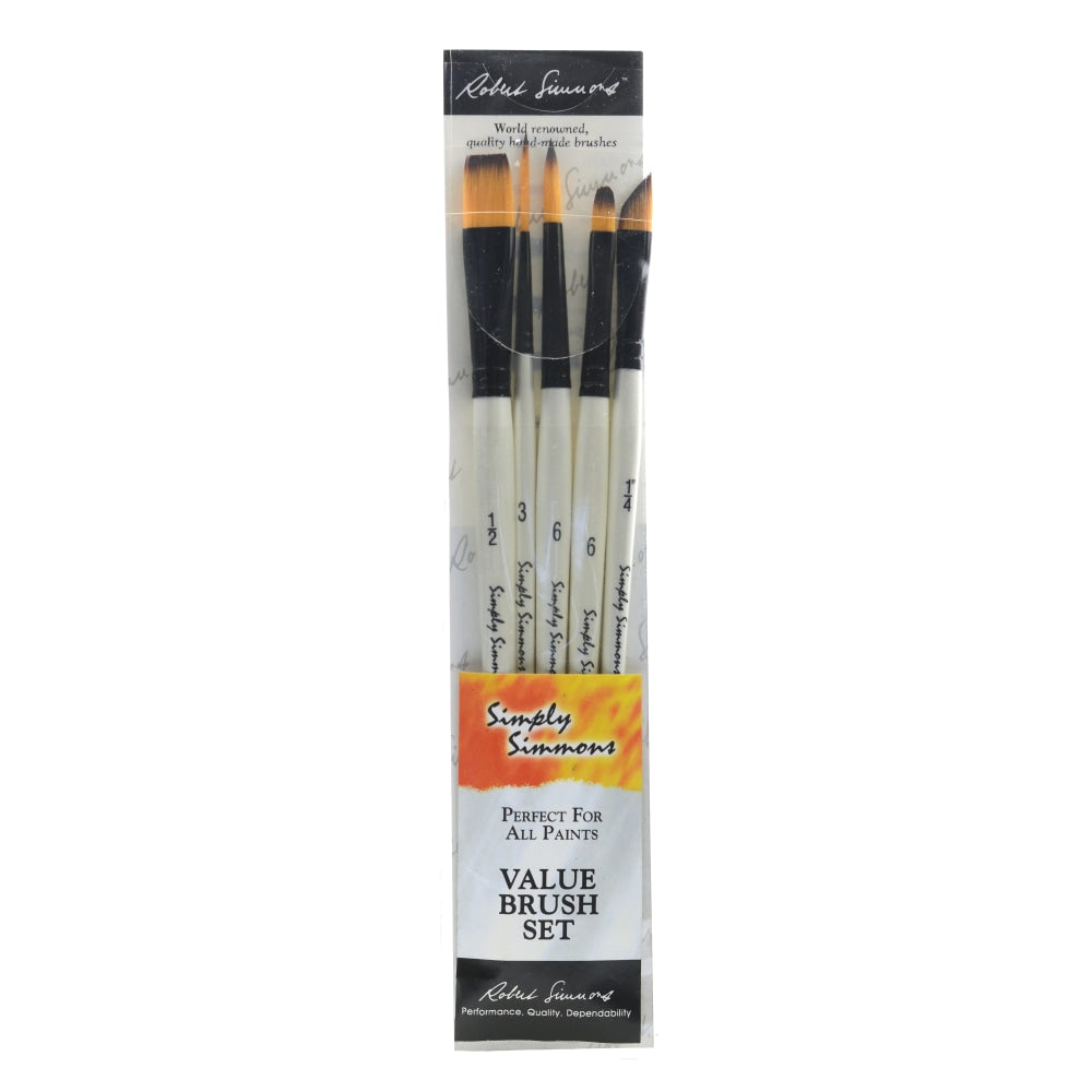 Robert Simmons Simply Simmons Value Paint Brush Set, Assorted Sizes, Assorted Bristles, Synthetic, White, Set Of 5