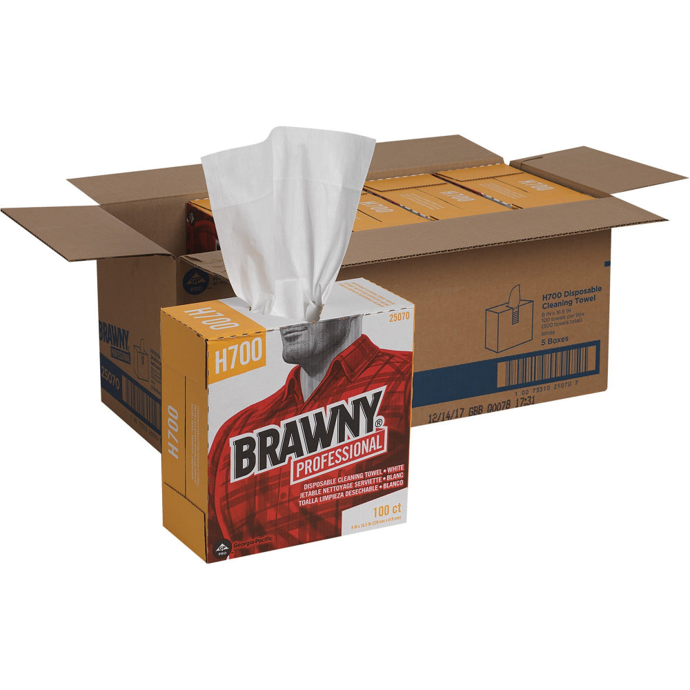 Brawny Professional H700 Disposable Cleaning Towels by GP Pro in Tall Box - 9.10in x 16.50in - White - 100 Quantity Per Box - 500 / Carton