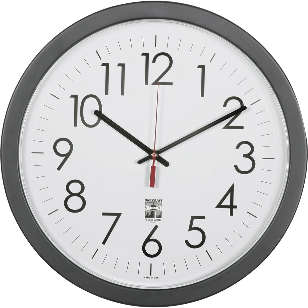 SKILCRAFT Self-Set Wall Clock, 14 1/2inW, Black/White (AbilityOne 6645-01-623-8823)