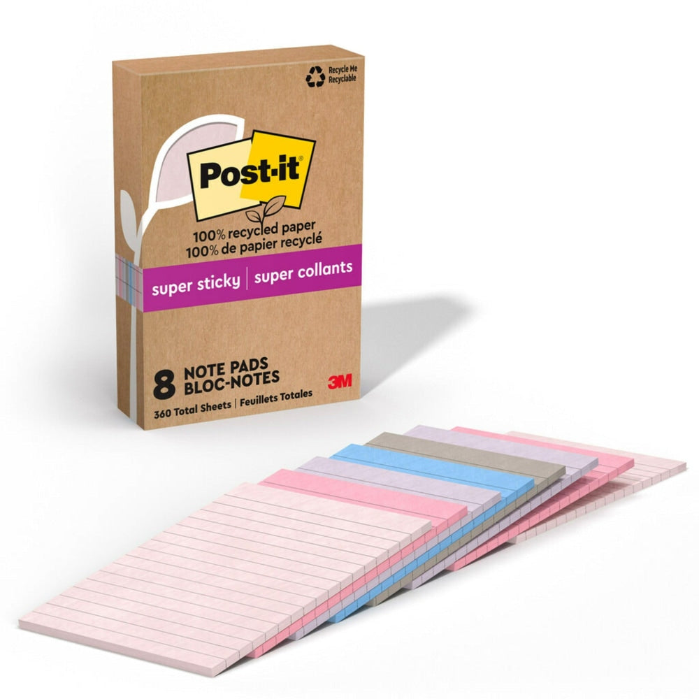 Post-it Paper Super Sticky Notes, 360 Total Notes, Pack Of 8 Pads, 4in x 6in, 100% Recycled, Wanderlust Pastels, 45 Sheets Per Pad