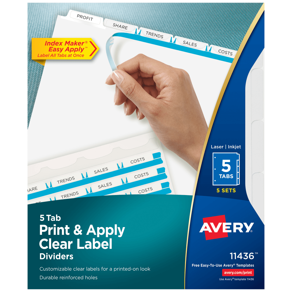 Avery Customizable Index Maker Dividers for 3 Ring Binder, Easy Print & Apply Clear Label Strip, 5 Tab, White, Pack Of 5 Sets