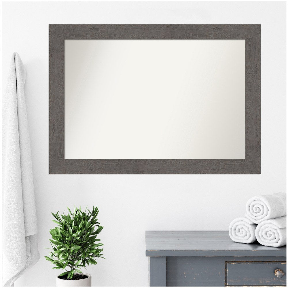 Amanti Art Non-Beveled Rectangle Framed Bathroom Wall Mirror, 29-1/2in x 41-1/2in, Rustic Plank Gray